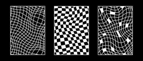 Set of distorted wireframe backgrounds. Abstract wavy checkerboard wallpapers collection. Warped and curved grid surface pattern. Geometric black and white textures. vector