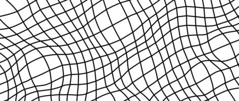Distorted outline wireframe background. Abstract wavy checkerboard wallpaper. Warped curved grid surface pattern. Black and white geometric texture with optical illusion effect. vector