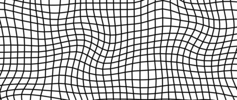 Distorted wireframe background. Abstract wavy lattice wallpaper. Warped and curved grid surface pattern. Black and white geometric texture with optical illusion effect. vector