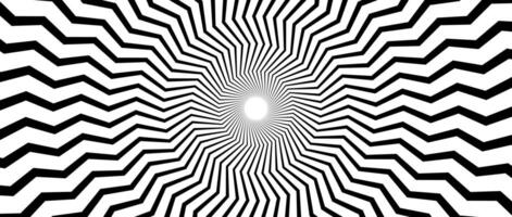 Optical illusion background. Black and white zigzag lines surface. Radial abstract sunburst poster design. Hypnotic illusion wallpaper. Horizontal ornamental illustration vector