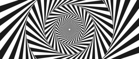 Radial optical illusion background. Black and white abstract rotating lines in circles. Poster, banner, template design. Spinning spiral or vortex illusion wallpaper. Horizontal opt art surface vector