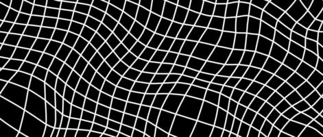 Distorted outline wireframe background. Abstract wavy chessboard wallpaper. Warped curved grid surface pattern. White on black geometric texture with optical illusion effect. vector