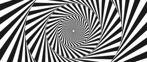 Radial optical illusion background. Black and white abstract lines in circles. Poster, banner, template design. Spinning rotating spiral or vortex illusion wallpaper. Horizontal opt art surface vector
