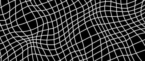 Distorted outline wireframe background. Abstract wavy flowing chessboard wallpaper. Warped curved grid surface pattern. White black geometric texture with optical illusion effect. vector