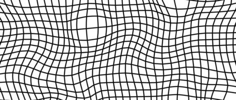 Distorted wireframe background. Abstract wavy checkerboard wallpaper. Warped and curved grid surface pattern. Black and white geometric texture with optical illusion effect. vector