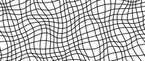 Distorted outline wireframe background. Abstract wavy checkerboard wallpaper. Warped curved grid surface pattern. Black on white geometric texture with optical illusion effect. vector