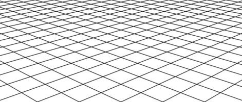 Diagonal flat wireframe grid. Checkered tile floor landscape. Horizontal chessboard plane in perspective. Black and white lattice surface background. vector