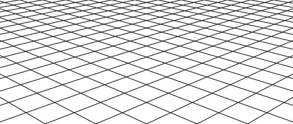 Diagonal flat wireframe grid. Checkered tile floor landscape. Horizontal chessboard plane in perspective. Black and white lattice surface background.