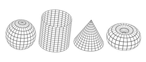 Wireframe shapes collection. 3d outline sphere, cylinder, cone and torus. Black geometric elements for design templates, icons, logo. Abstract lattice objects with connected lines. vector
