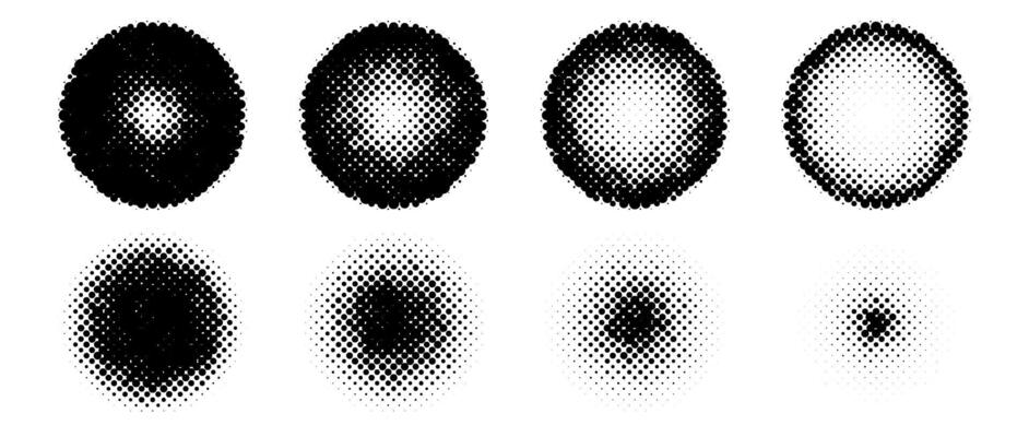 Halftone circle shapes set. Dotted textured spheres collection. Round fading gradient in comic pop art style. Black spotted design elements bundle. Rasterized and pixelated background pack.