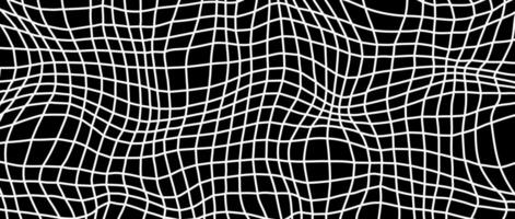 Distorted outline wireframe background. Abstract wavy flowing chessboard wallpaper. Warped curved grid surface pattern. White on black geometric texture with optical illusion effect. vector