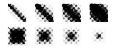 Halftone gradient square shapes set. Dotted sand texture cubes collection. Diagonal linear and radial fading gradient in comic and pop art style. Black Pixelated design elements bundle. vector