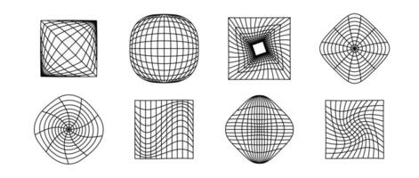 Cubes and spheres wireframe collection. Geometric surface grid of different shape. Distorted perspective planes and object set. Geometric element bundle for posters, flyers, collages, templates vector