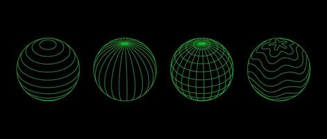 Neon green wireframe spheres collection. 3d outline globes with different grid patterns. Geometric circle elements for design template, icon, logo. Abstract balls with connected lattice lines. vector