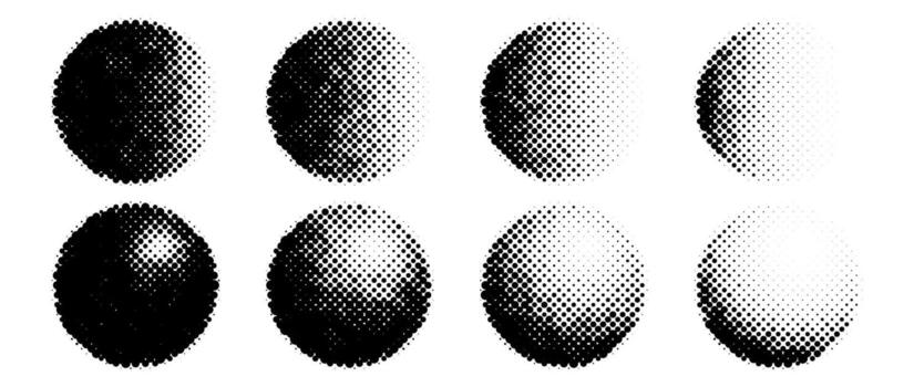 Halftone circle shapes set. Dotted textured spheres collection. Round fading gradient in comic and pop art style. Black spotted design elements bundle. Rasterized and pixelated background pack. vector