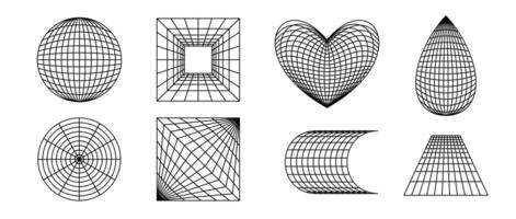 Wireframe forms set. Geometric surface grid of different shape. Distorted perspective planes and objects pack. Cube, sphere, heart, drop element bundle for posters, flyers, collages, templates vector