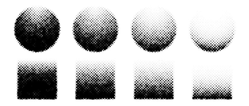 Halftone circle and square shapes set. Dotted textured spheres and cubes collection. Round fading gradient in comic and pop art style. Black design elements bundle. Pixelated background pack. V vector