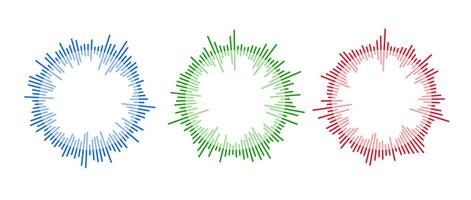 Radial sound waves collection. Round music equalizer bar set. Blue, red and green audio chart pack. Abstract circle radio and voice signal symbol for podcast, app, player. elements vector