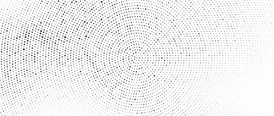 Radial halftone dots. Spotted and dotted stains gradient background. Concentric comic texture with fading effect. Black and white rough gritty wallpaper. Grunge monochrome pop art backdrop.