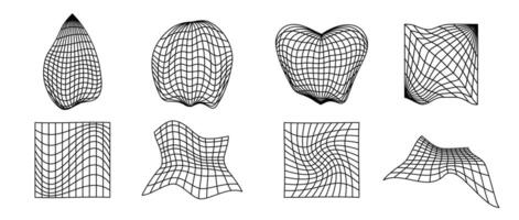 Distorted wireframe forms set. Different geometric surface grid shapes. Warped perspective planes and objects pack. Cube, sphere, heart, drop element bundle for poster, flyer, collage, template vector