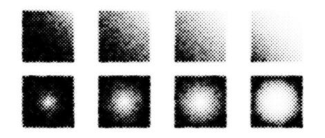 Halftone gradient square shapes set. Dotted textured cubes collection. Round and linear fading gradient in comic and pop art style. Black design elements bundle. Pixelated background pack. vector