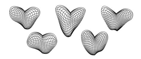 Distorted wireframe heart shapes set. Wrap grid design elements. Love and romantic or cardiology concept for posters, templates, flyers, banners. vector