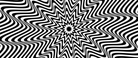 Radial optical illusion background. Black and white abstract wave lines surface. Poster design. Concentric spinning and rotating spiral illusion wallpaper. Op art illustration vector