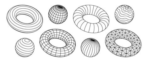 Wireframe torus and spheres collection. 3d outline grid shapes with different patterns. Black geometric elements for design templates, icons, logo. Abstract objects with connected lines. vector