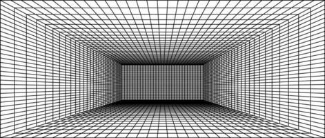 Wireframe grid room. 3d perspective background. Futuristic digital outline space. Black and white geometric dimension design. Template illustration vector