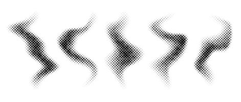 Halftone smoke texture collection. Black and white dotted fog background set. Comic style fume cloud design element pack. Monochrome pixelated grunge shapes. vector