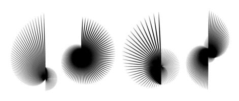 Abstract spiky elements set. Radial spiral spokes objects collection. Thin thorn semicircle shapes and angular sunburst bundle for posters, collages, decoration. Futuristic pack vector