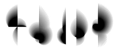 Abstract black curved spiky elements set. Radial spiral spokes objects collection. Thin thorn semicircle shapes and angular sunburst bundle for posters, collages, decoration. Black futuristic pack vector