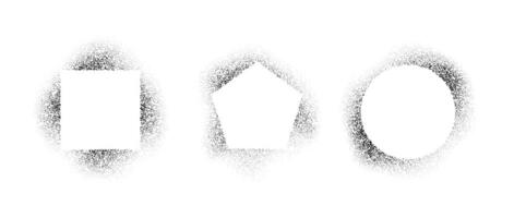 Square, circle and pentagon frames set with spray stencil effect. Grunge dotted border shadow collection. Faded noise shape bundle. Splattered elements for text box, banner, poster, template. vector
