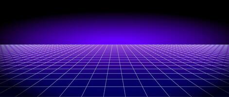 Retro futuristic grid background vanishing in distance. Bright neon purple glowing tile floor fading in perspective. Lattice plane landscape wallpaper. Abstract horizontal checkered surface. vector