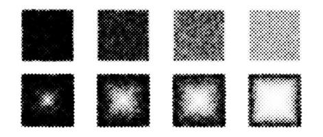 Halftone gradient square shapes set. Dotted textured cubes collection. Round fading gradient in comic and pop art style. Black design elements bundle. Pixelated background pack. vector