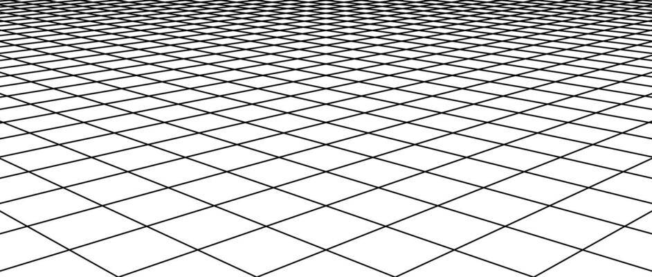 Diagonal wireframe grid. Checkered tile floor landscape. Horizontal chessboard plane in perspective. Black and white flat lattice surface background.