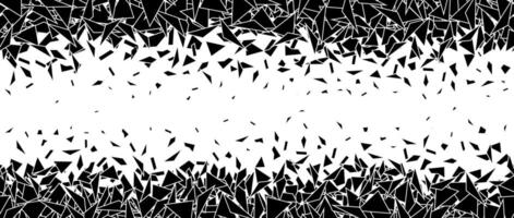 Debris and shatters in horizontal repeating border. Black broken triangle pieces, specks, speckles, particles, shivers. Abstract explosion and disintegrating textured background. vector