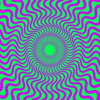 Acid color optical illusion background. Purple and green abstract distorted wavy lines surface. Radial waves poster design. Torsion spiral illusion wallpaper. Ornamental illustration vector
