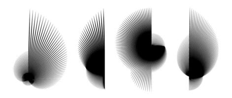 Abstract curved spiky elements set. Radial spiral spokes objects collection. Thin thorn semicircle shapes and angular sunburst bundle for posters, collages, decoration. futuristic vector
