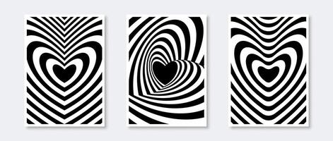 Hypnotic heart posters collection. Valentines optical illusion pattern set. Black and white monochrome heart-shaped op art design for cover, banner, invitation, flyer. Abstract art wallpaper pack. vector