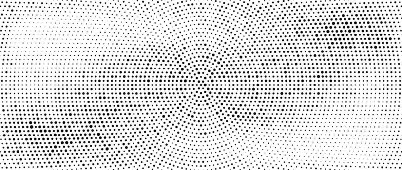 Radial halftone gradient background. Dotted stains concentric texture with fading effect. Black and white circle shade wallpaper. Grunge rough monochrome geometric backdrop vector