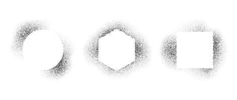 Square, circle and hexagon frames set with spray stencil effect. Grunge dotted border shadow collection. Faded noise shape bundle. Splattered elements for text box, banner, poster, template. vector