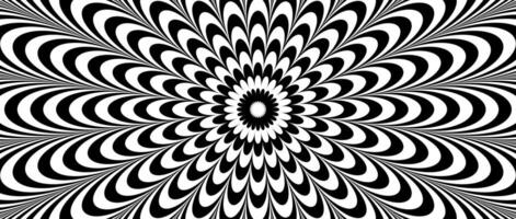 Radial optical illusion background. Black and white abstract wave lines surface. Poster design. Concentric repeating flower illusion wallpaper. Op art illustration vector