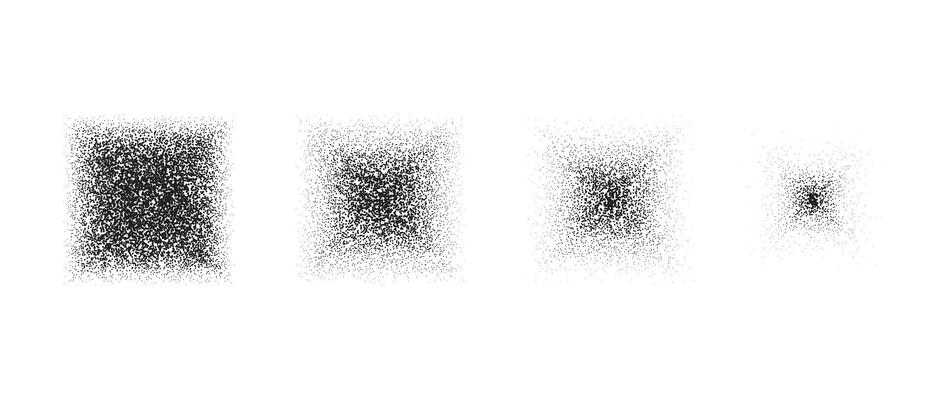 Vanishing stippled square texture set. Black disappearing dotted gritty rectangle element collection. Fading noise grain dot work shapes. Half tones and shadows affect illustration bundle.