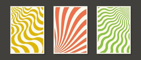 Retro wave lines and sunbursts backgrounds set. Trippy wavy stripes and distorted curly textures collection. Psychedelic orange, green and yellow groovy distorted wallpapers. Banners or posters vector