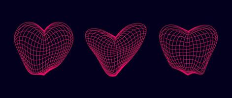 Distorted neon pink wireframe heart shapes set. Wrap grid design elements. Love and romantic or cardiology concept for posters, templates, flyers, banners. vector