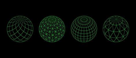 Neon green wireframe spheres collection. 3d outline globes with different grid patterns. Geometric circle elements for design templates, icons, logo. Abstract balls with connected lines. vector