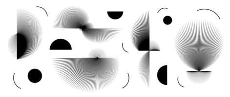 Abstract black curved spiky elements set. Radial spiral spokes objects collection. Thin thorn semicircle and circle shapes. Angular sunburst bundle for poster, collage, banner. pack vector