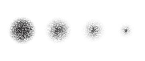 Set of vanishing stippled circle texture. Black disappearing dotted gritty round element collection. Fading noise grain dot work shapes. Half tones and shadows affect illustration bundle. vector