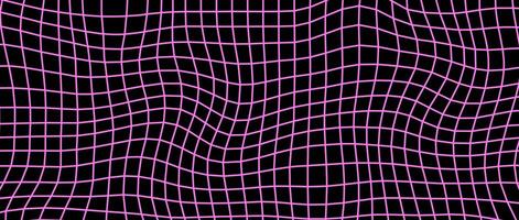 Distorted pink wireframe background. Abstract wavy checkerboard wallpaper. Warped and curved grid surface pattern. Geometric texture with optical illusion effect. vector
